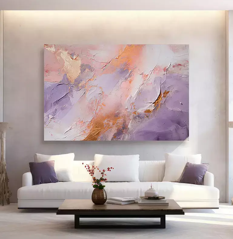 Quadro Decorativo Abstrato Textura Estilo Gesso Dourado com Lilas