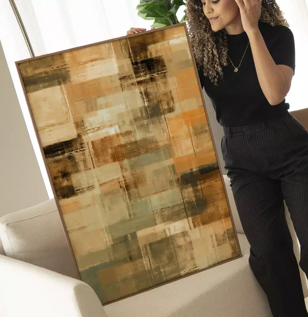 Quadro Decorativo Pintura Abstrata Tons de Terra com Laranja