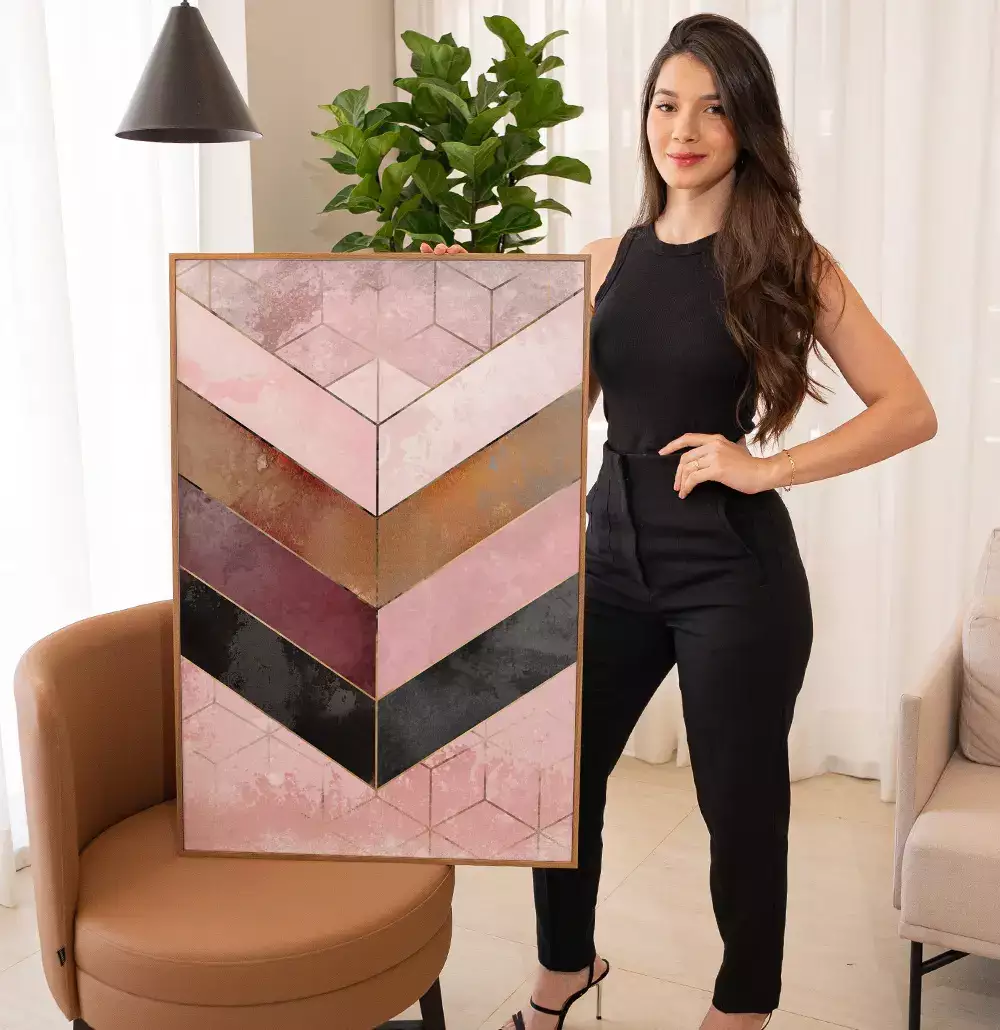Quadro Decorativo Chevron Rosé com Textura e Linhas Douradas