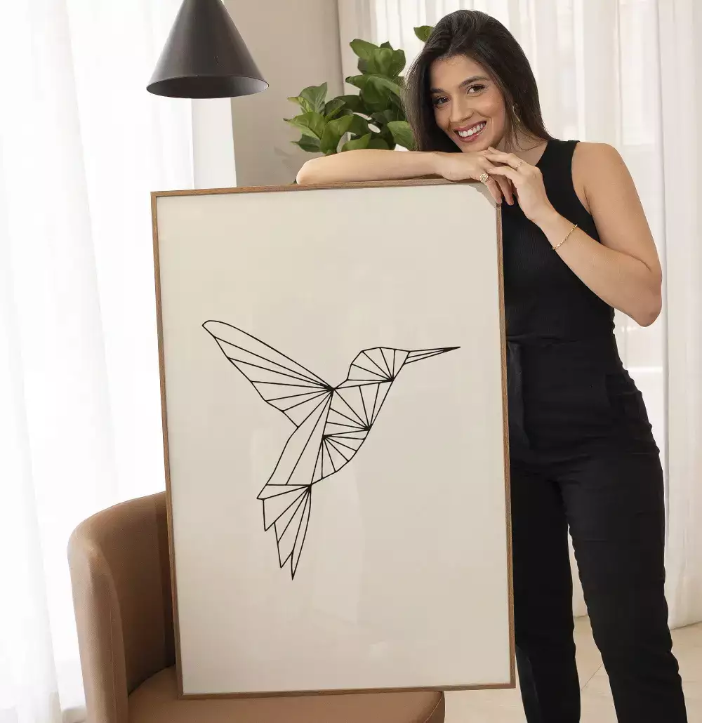 Quadro Decorativo Beija-Flor Voando Geométrico Minimalista