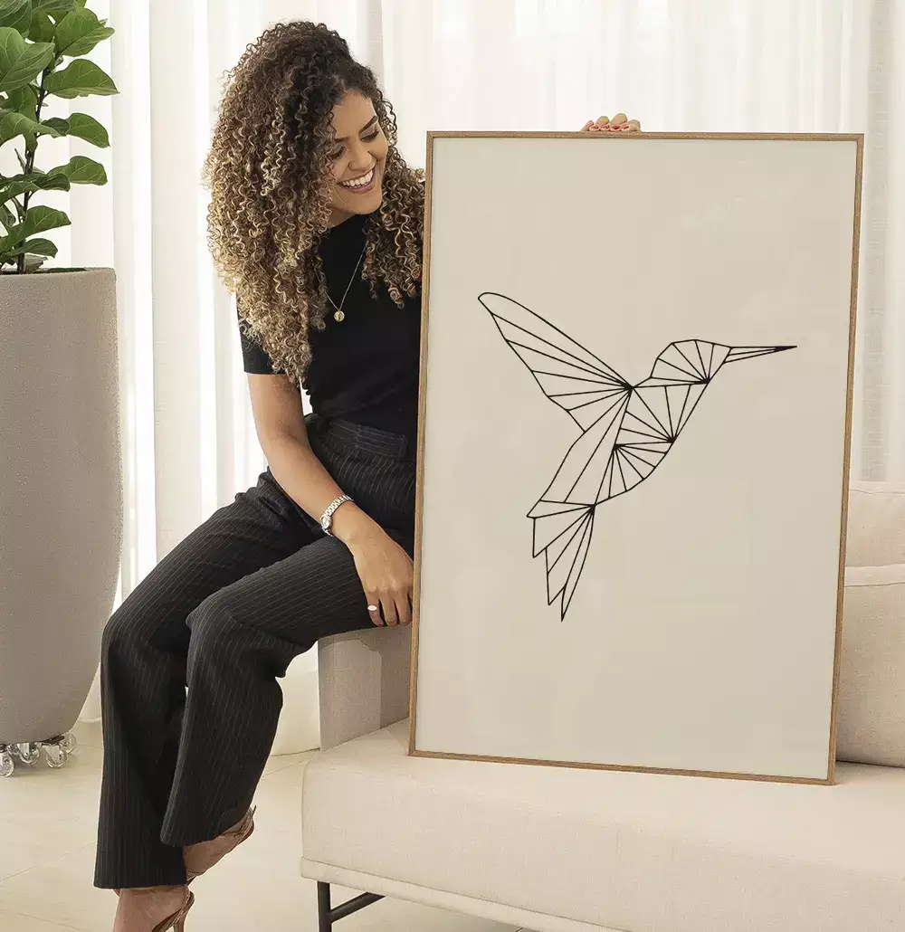 Quadro Decorativo Beija-Flor Voando Geométrico Minimalista