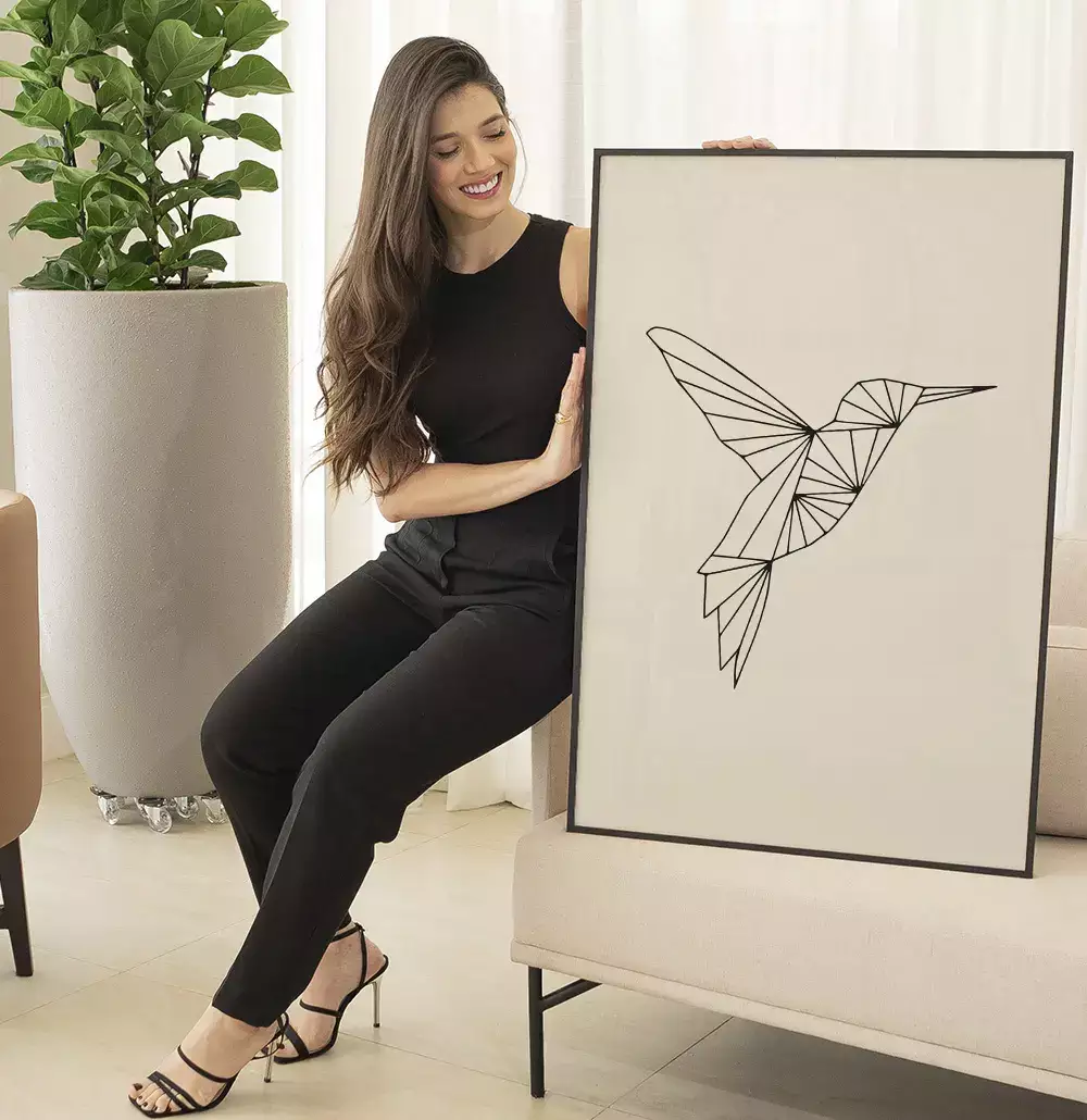 Quadro Decorativo Beija-Flor Voando Geométrico Minimalista