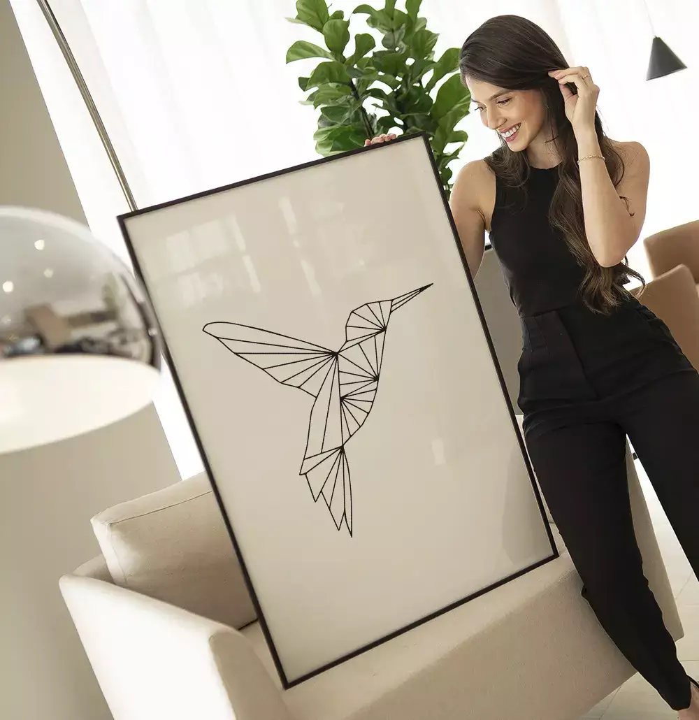 Quadro Decorativo Beija-Flor Voando Geométrico Minimalista