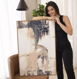 Quadro Decorativo Pinceladas Abstratas Tons de Nude com Cinza