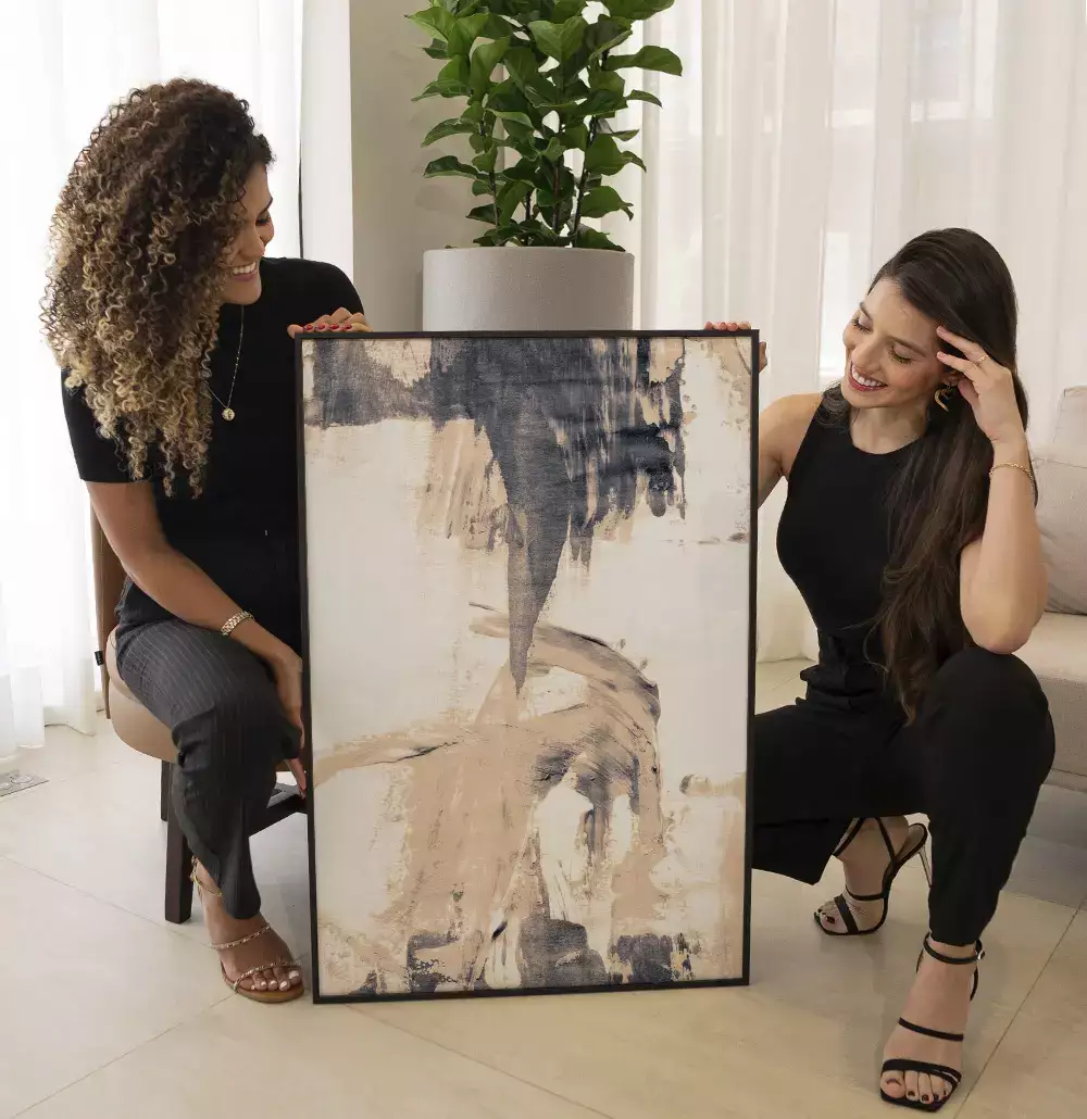 Quadro Decorativo Pinceladas Abstratas Tons de Nude com Cinza