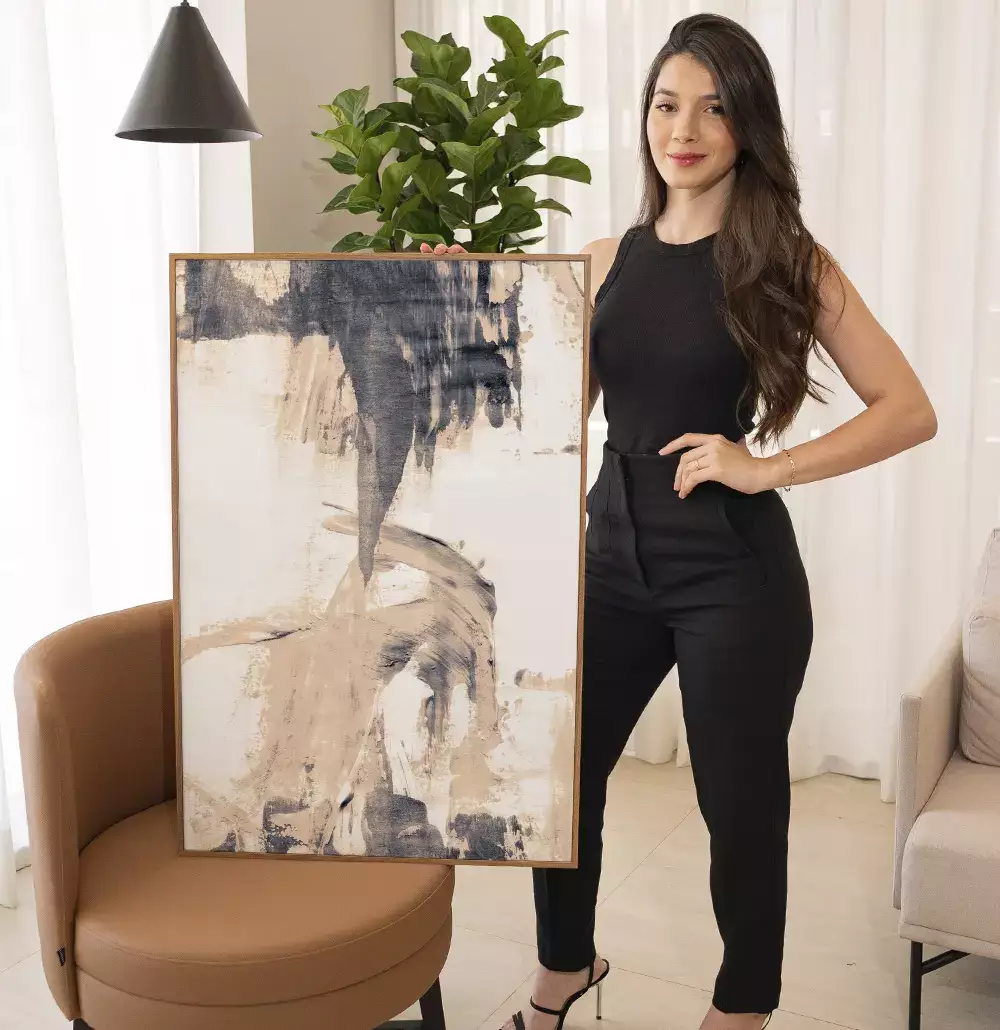 Quadro Decorativo Pinceladas Abstratas Tons de Nude com Cinza