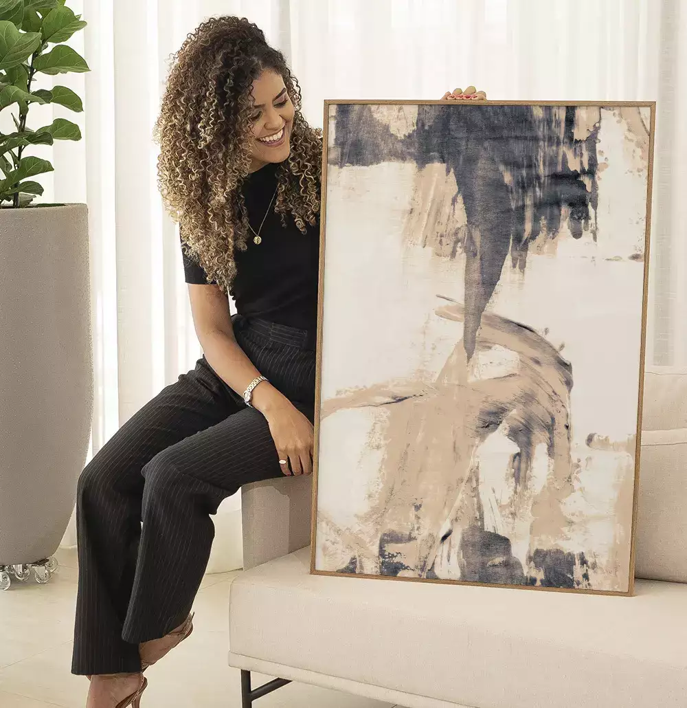 Quadro Decorativo Pinceladas Abstratas Tons de Nude com Cinza