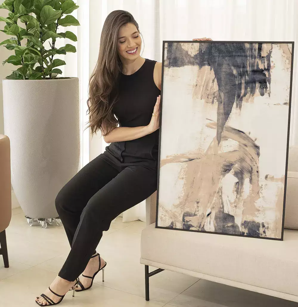 Quadro Decorativo Pinceladas Abstratas Tons de Nude com Cinza