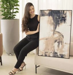 Quadro Decorativo Pinceladas Abstratas Tons de Nude com Cinza