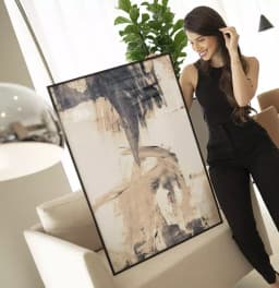 Quadro Decorativo Pinceladas Abstratas Tons de Nude com Cinza