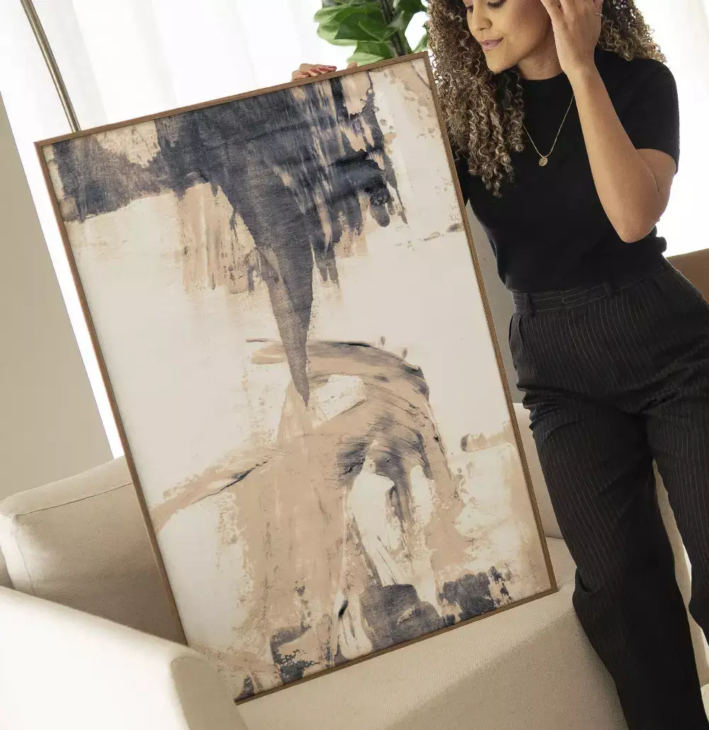 Quadro Decorativo Pinceladas Abstratas Tons de Nude com Cinza