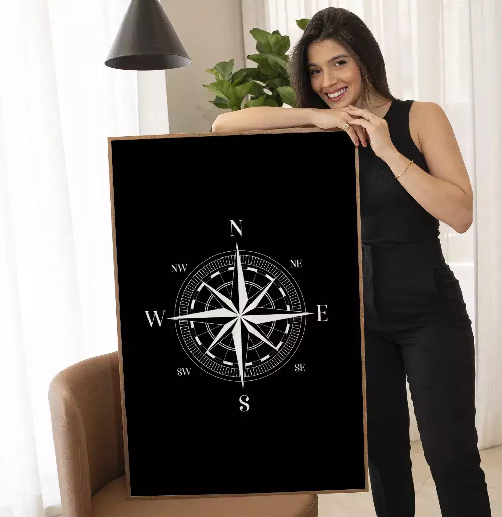 Quadro Decorativo Bússola Rosa dos Ventos Fundo Black
