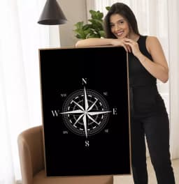 Quadro Decorativo Bússola Rosa dos Ventos Fundo Black