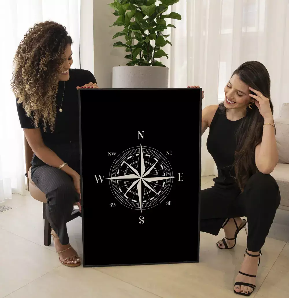 Quadro Decorativo Bússola Rosa dos Ventos Fundo Black