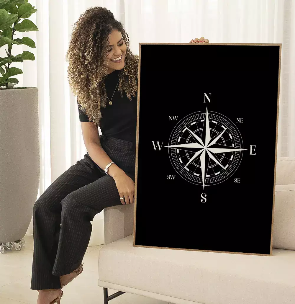 Quadro Decorativo Bússola Rosa dos Ventos Fundo Black