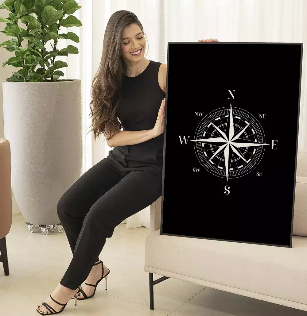 Quadro Decorativo Bússola Rosa dos Ventos Fundo Black