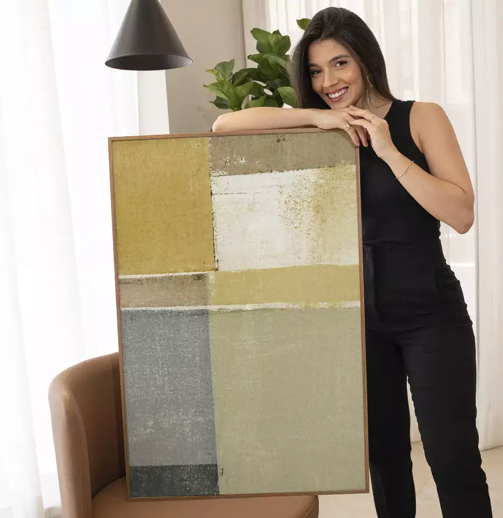 Quadro Decorativo Pintura Abstrata Xadrez em Tons Pastel