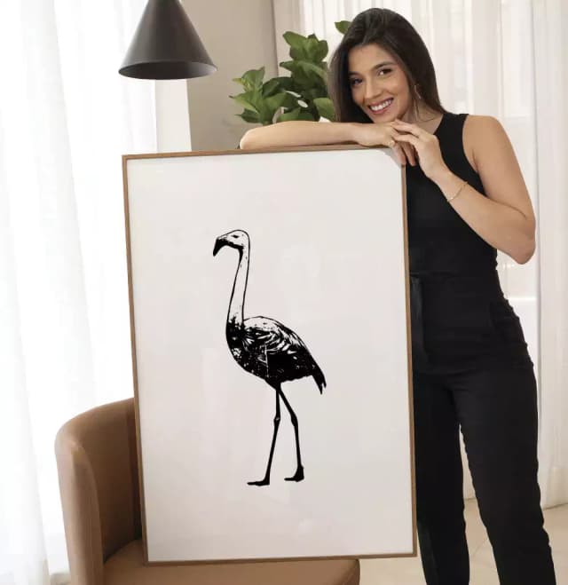 Quadro Decorativo Flamingo Desenho Preto e Branco Minimalista