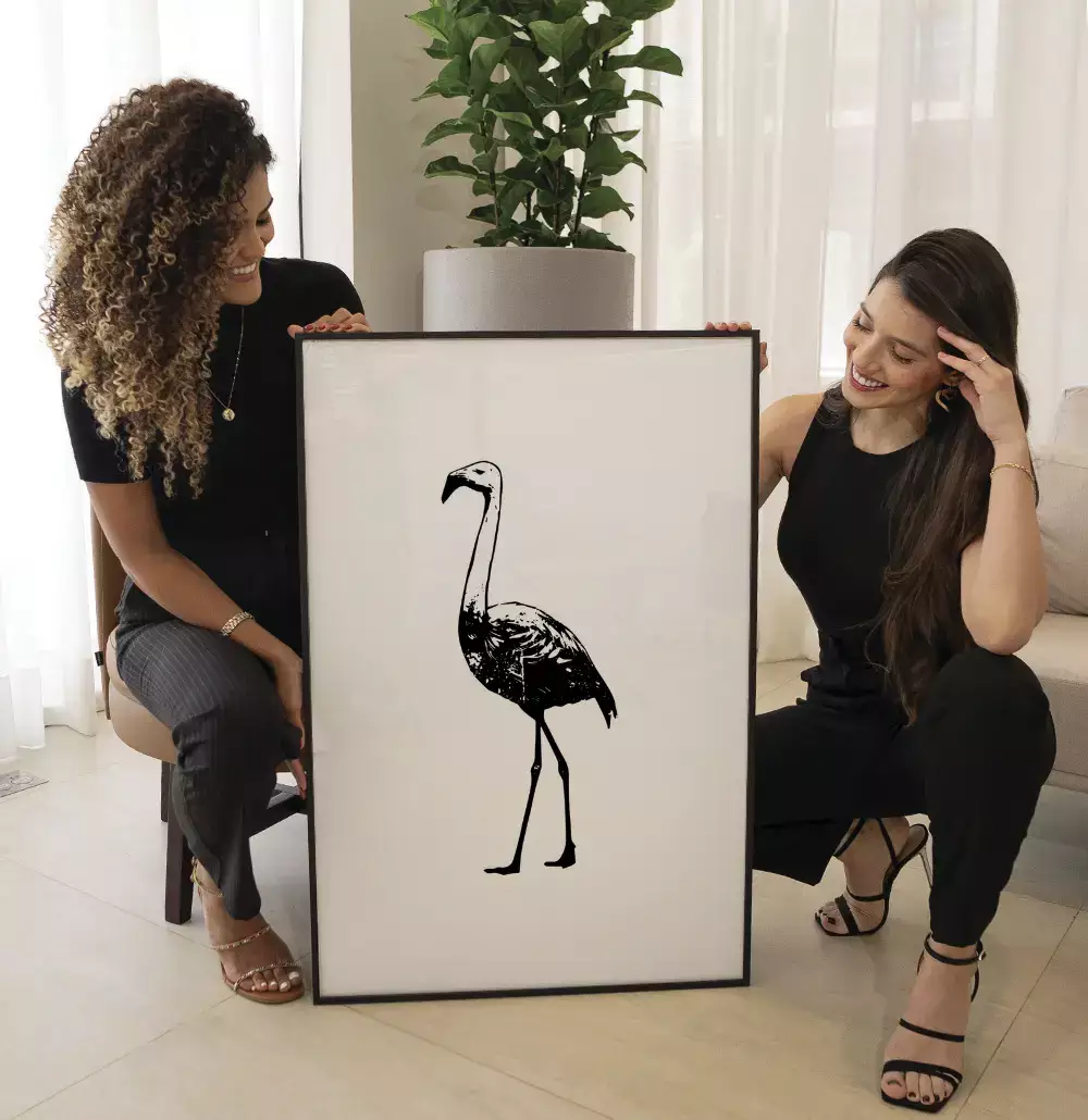 Quadro Decorativo Flamingo Desenho Preto e Branco Minimalista