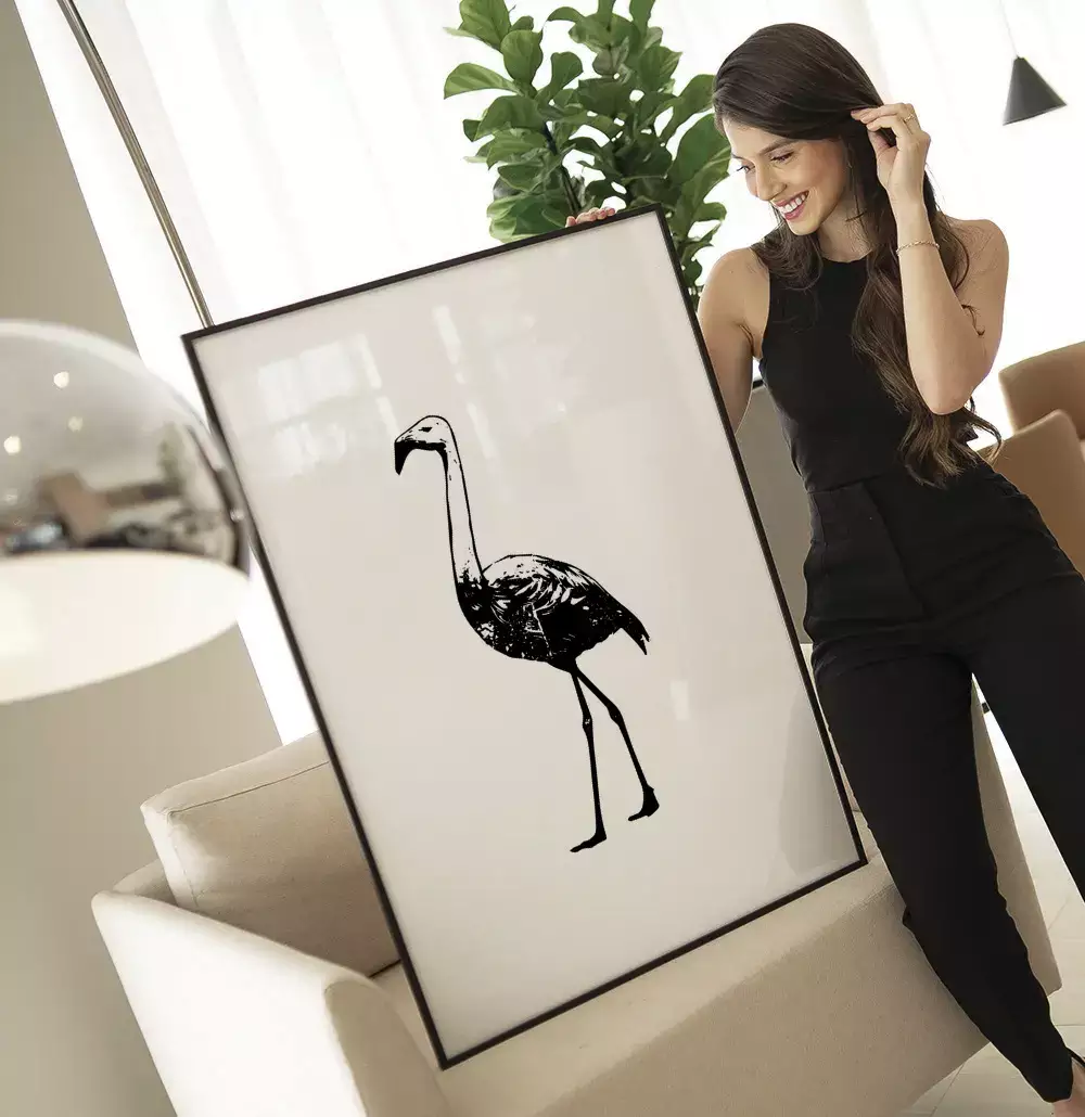 Quadro Decorativo Flamingo Desenho Preto e Branco Minimalista