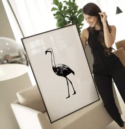 Quadro Decorativo Flamingo Desenho Preto e Branco Minimalista