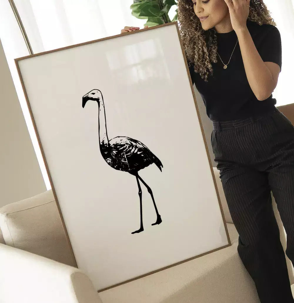 Quadro Decorativo Flamingo Desenho Preto e Branco Minimalista