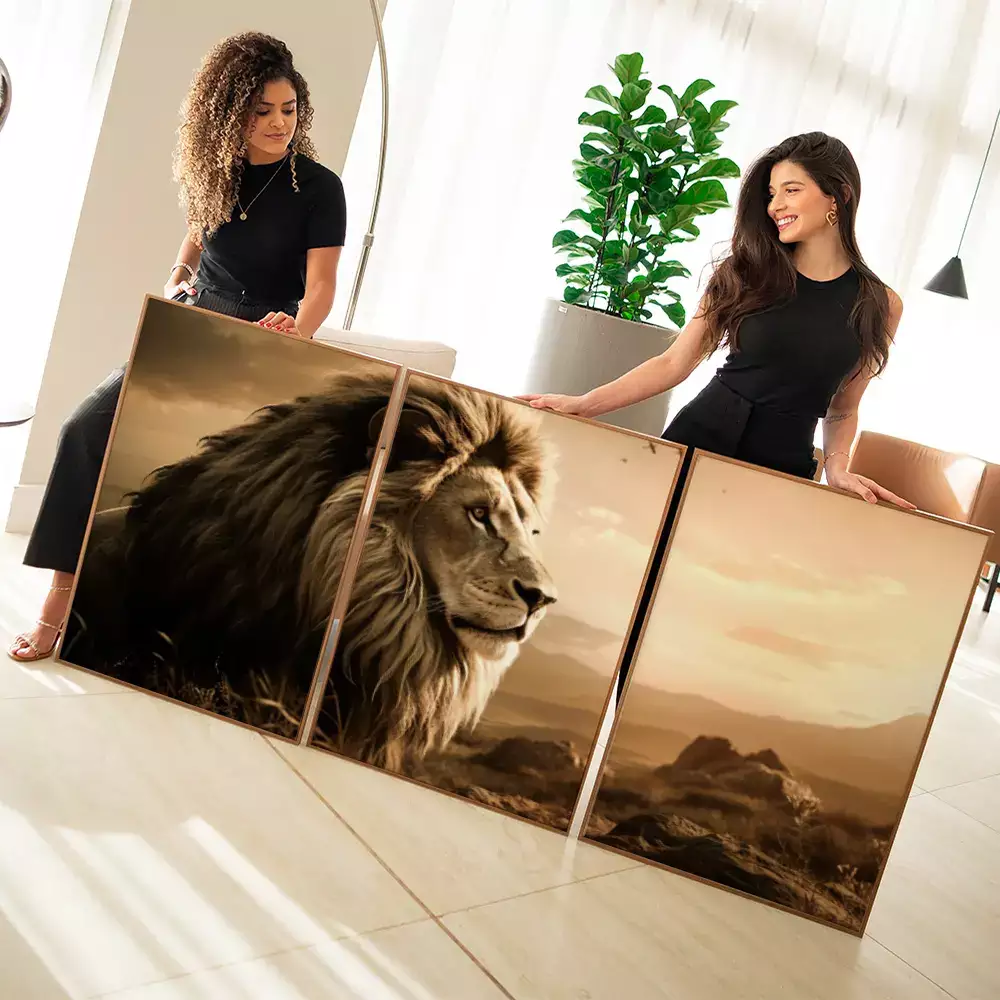 Kit Quadro Decorativo Trio Quadros Retangulares Leão Pôr do Sol Sépia
