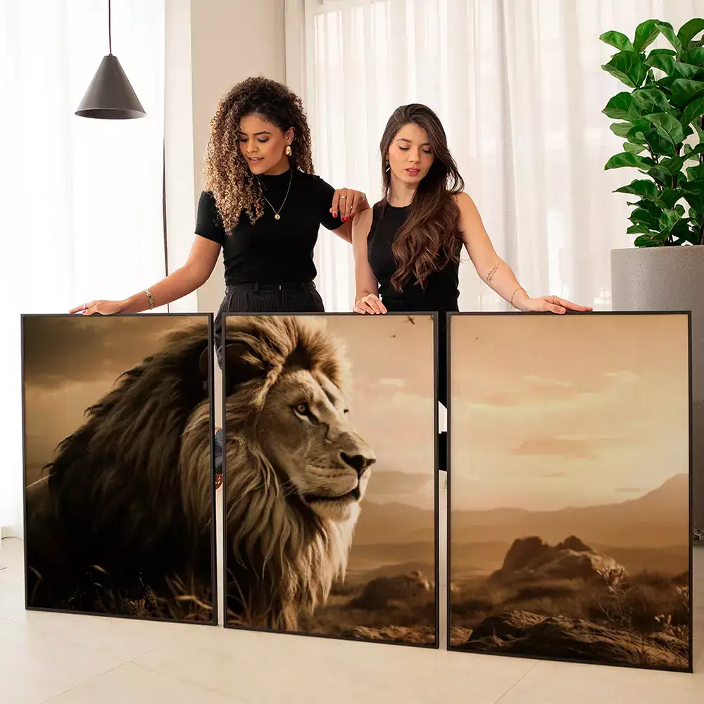 Kit Quadro Decorativo Trio Quadros Retangulares Leão Pôr do Sol Sépia