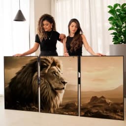 Kit Quadro Decorativo Trio Quadros Retangulares Leão Pôr do Sol Sépia