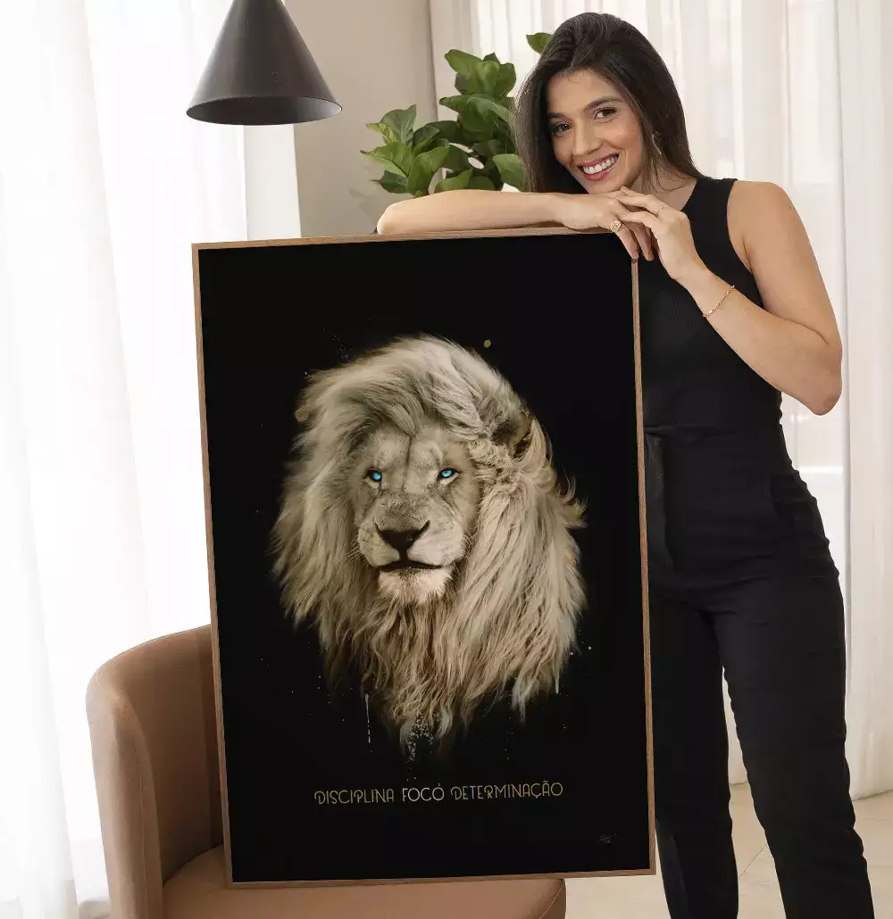Quadro Decorativo Pintura Leão Tipografia Disciplina Foco Determinação