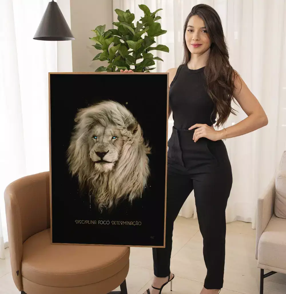 Quadro Decorativo Pintura Leão Tipografia Disciplina Foco Determinação