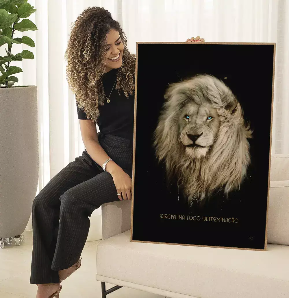 Quadro Decorativo Pintura Leão Tipografia Disciplina Foco Determinação