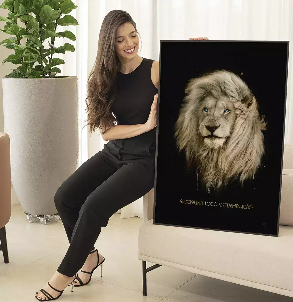 Quadro Decorativo Pintura Leão Tipografia Disciplina Foco Determinação