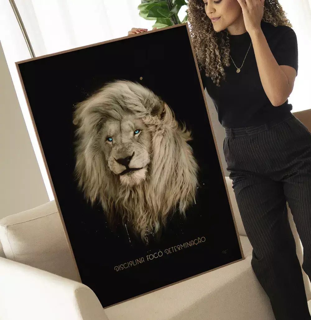 Quadro Decorativo Pintura Leão Tipografia Disciplina Foco Determinação