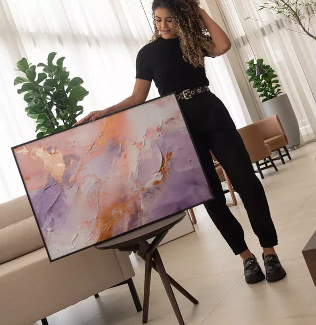 Quadro Decorativo Abstrato Textura Estilo Gesso Dourado com Lilas