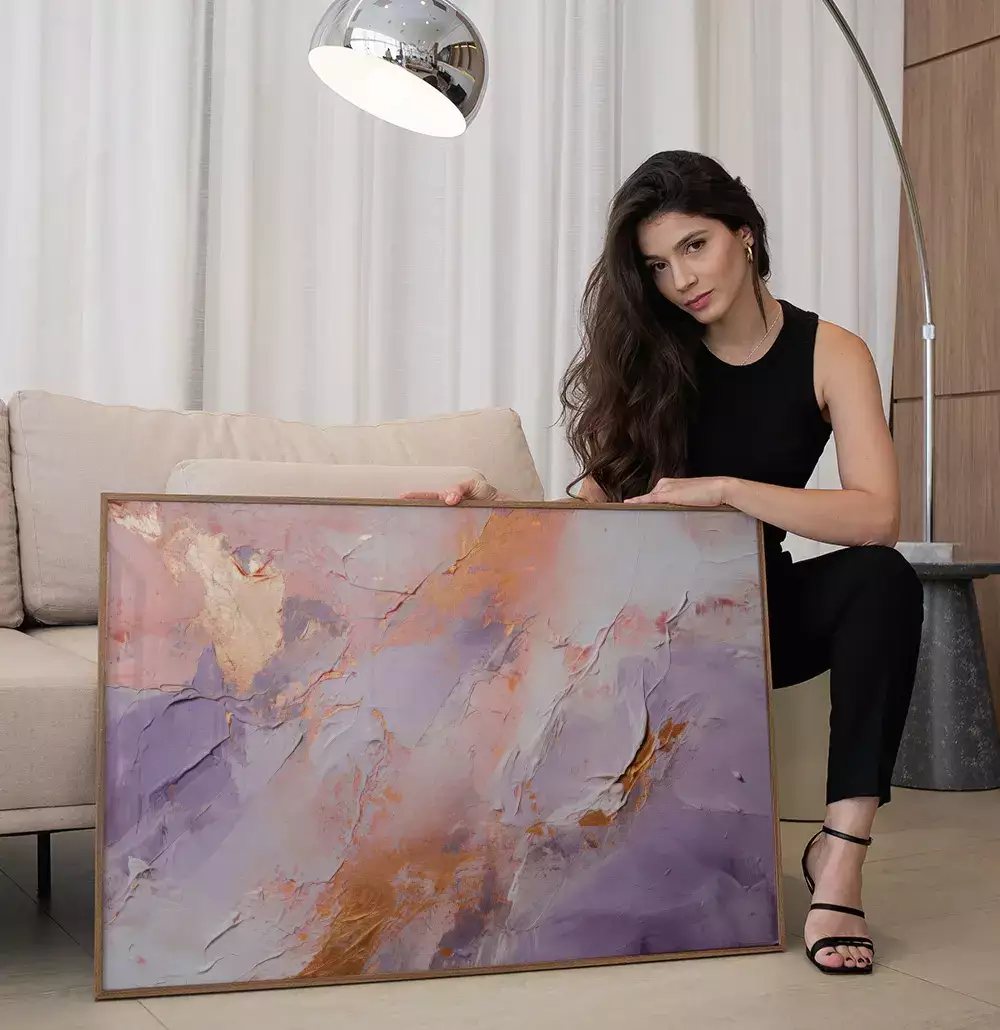 Quadro Decorativo Abstrato Textura Estilo Gesso Dourado com Lilas