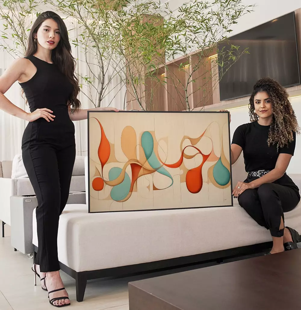 Quadro Decorativo Coleção Abstratos Curvas Linhas e Cores Azul com Terra e Bege