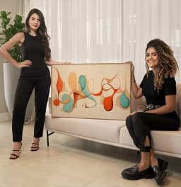 Quadro Decorativo Coleção Abstratos Curvas Linhas e Cores Azul com Terra e Bege