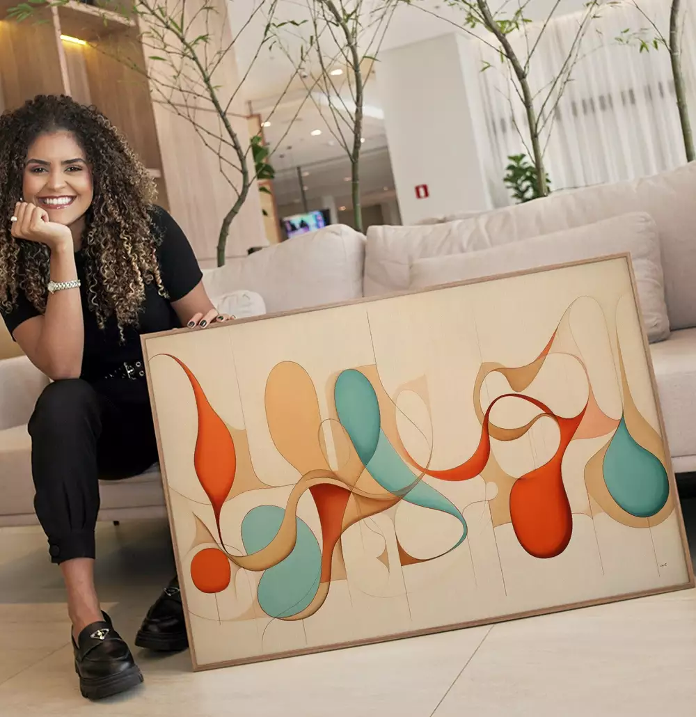 Quadro Decorativo Coleção Abstratos Curvas Linhas e Cores Azul com Terra e Bege