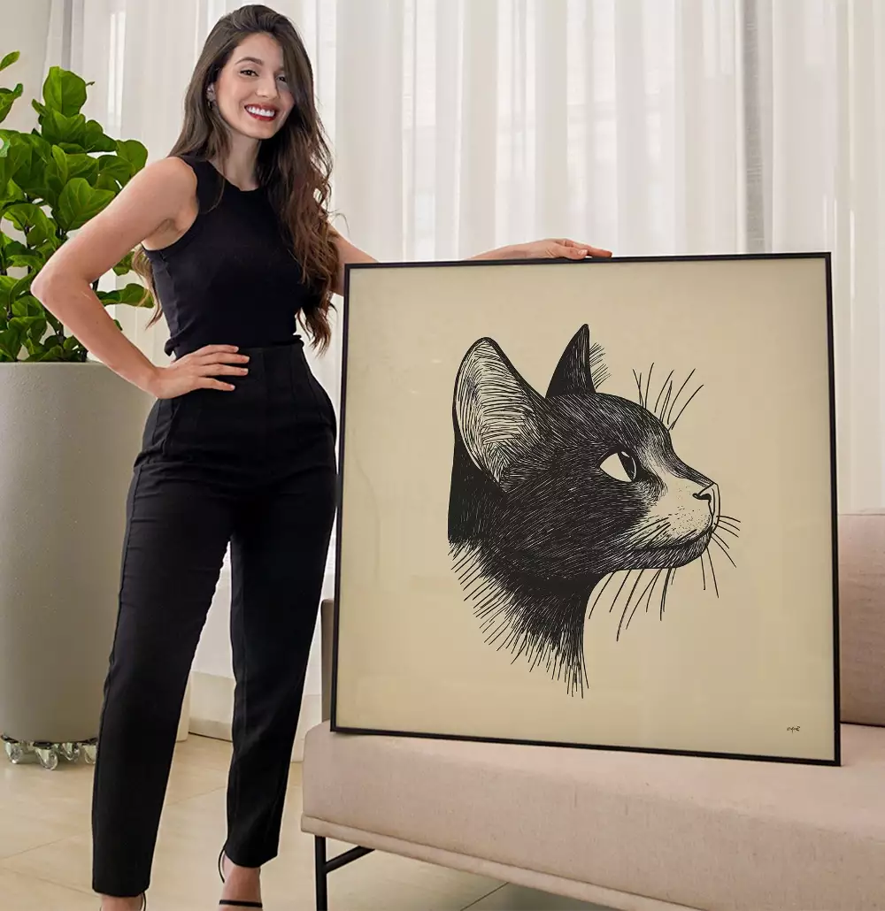 Quadro Decorativo Gato Preto Desenho