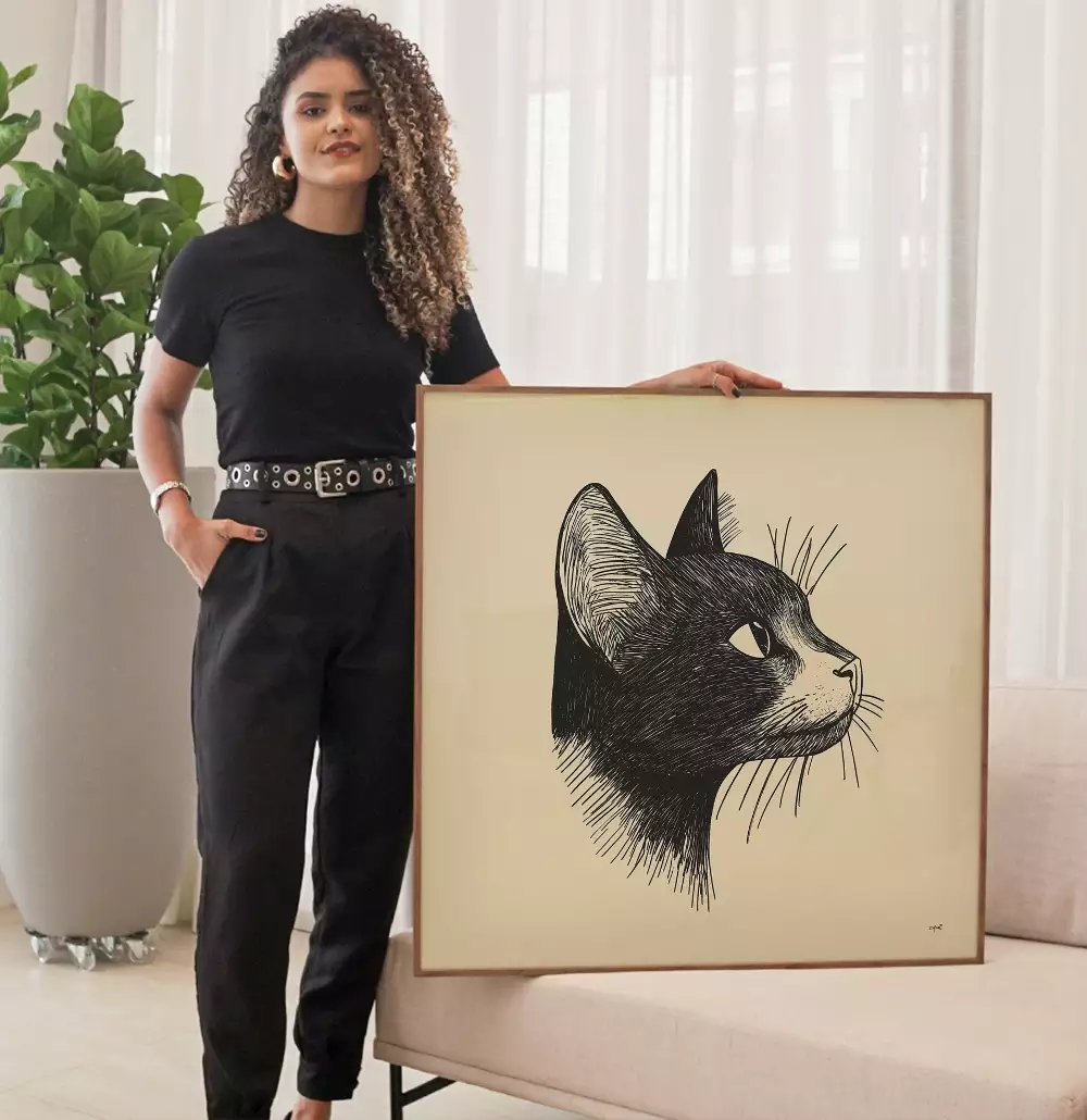 Quadro Decorativo Gato Preto Desenho