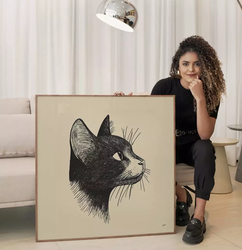Quadro Decorativo Gato Preto Desenho
