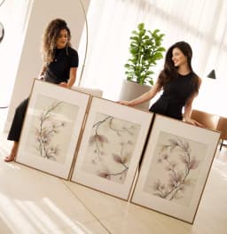 Kit Quadro Decorativo Floral Ramos de Folhas em Efeito Tecido Brancas com Lilás
