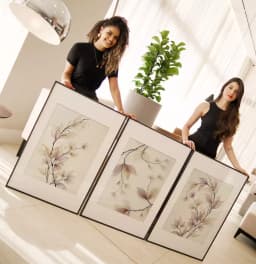 Kit Quadro Decorativo Floral Ramos de Folhas em Efeito Tecido Brancas com Lilás