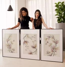 Kit Quadro Decorativo Floral Ramos de Folhas em Efeito Tecido Brancas com Lilás