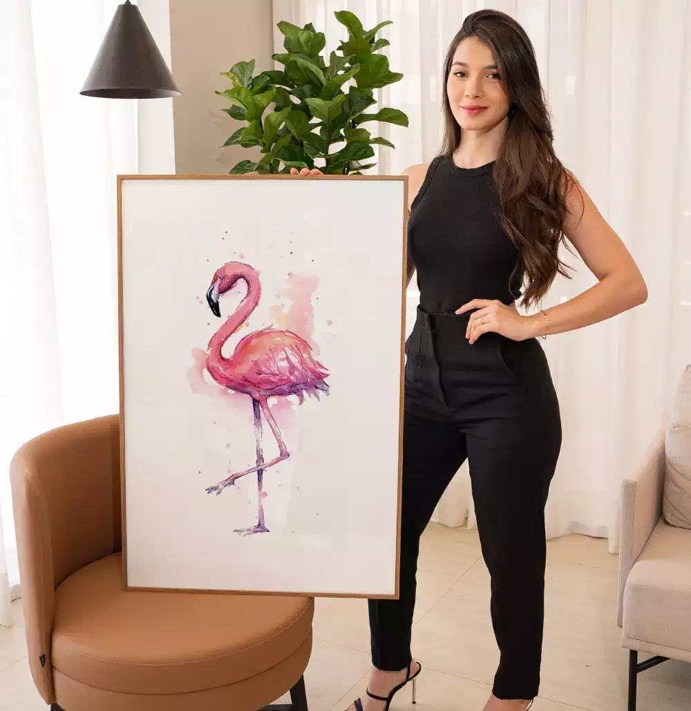 Quadro Decorativo Flamingo Caminhando Desenho Aquarela