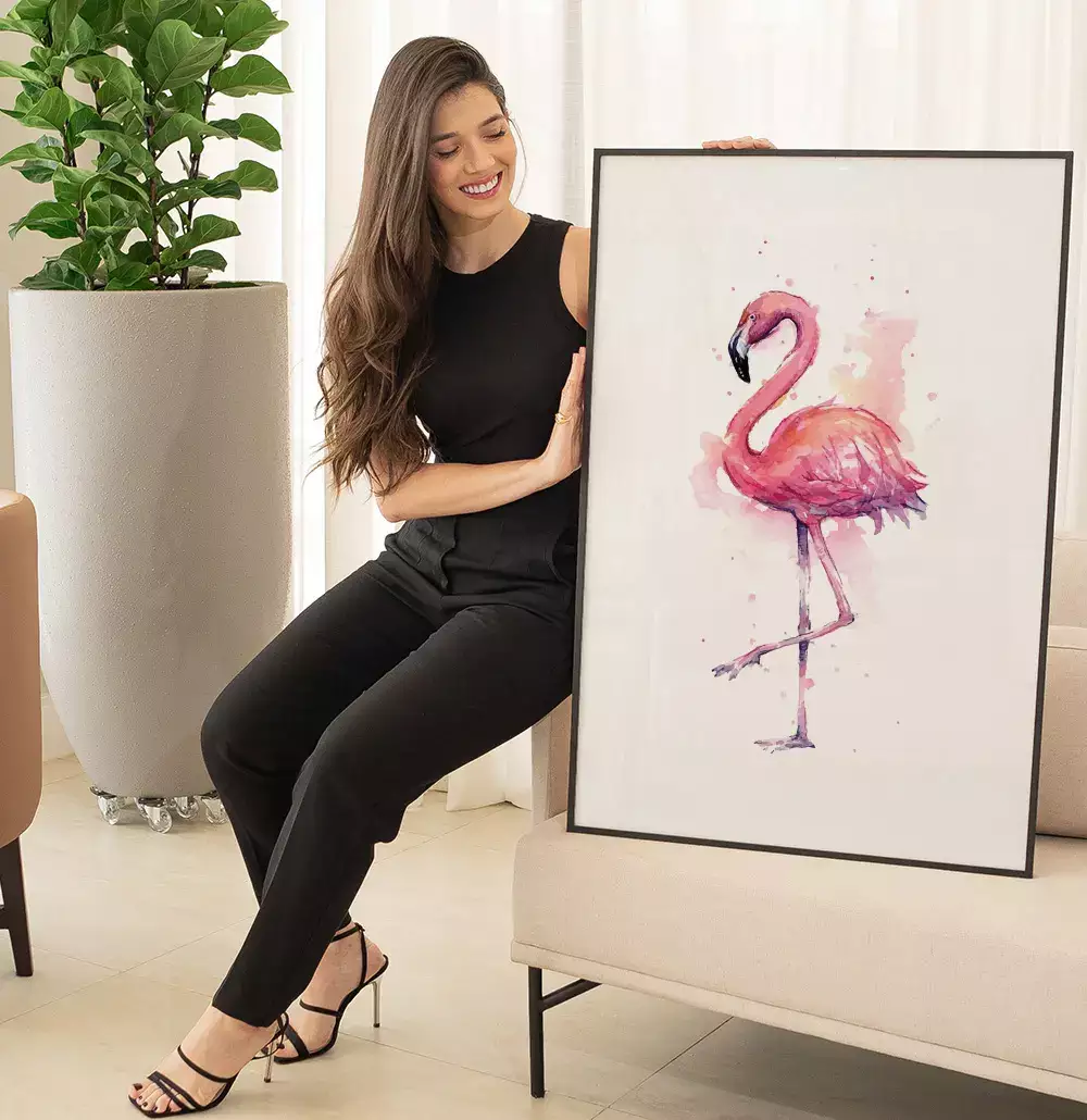 Quadro Decorativo Flamingo Caminhando Desenho Aquarela