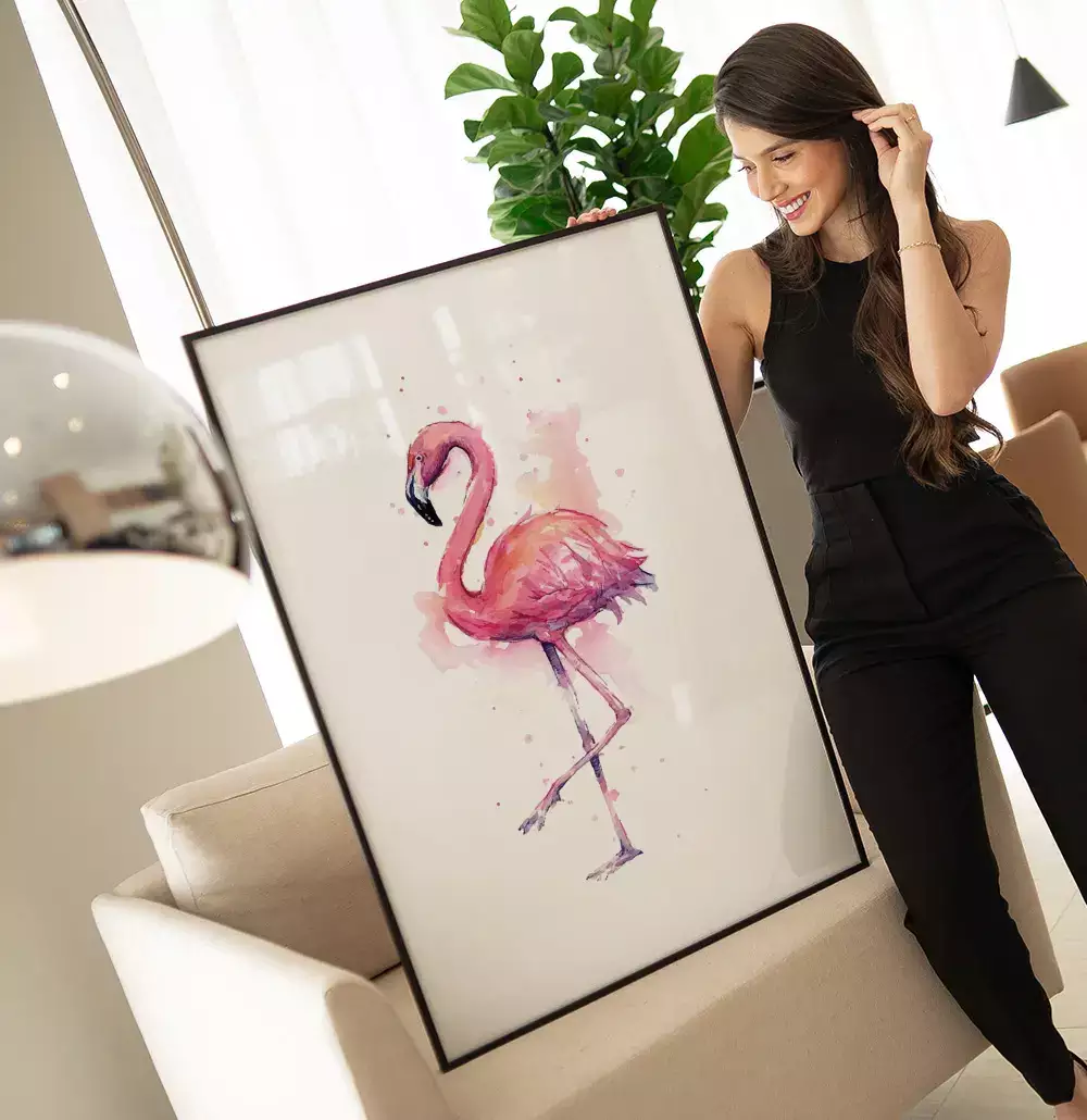 Quadro Decorativo Flamingo Caminhando Desenho Aquarela