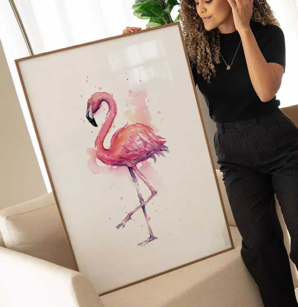 Quadro Decorativo Flamingo Caminhando Desenho Aquarela