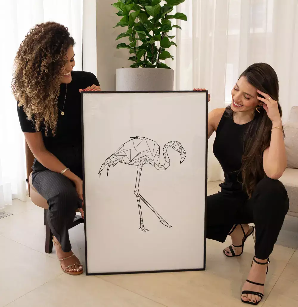 Quadro Decorativo Flamingo Geométrico Desenho Minimalista